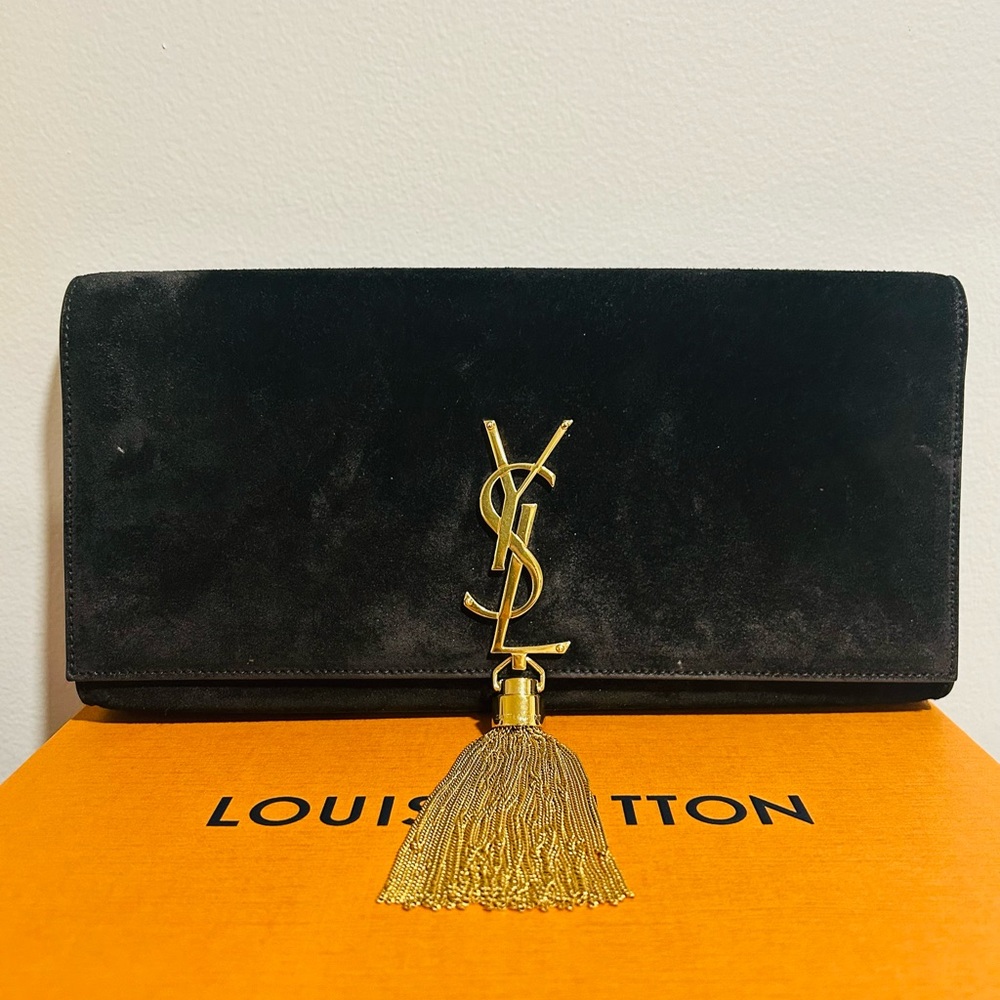 Yves Saint Laurent Black Suede Clutch with Gold Tassel